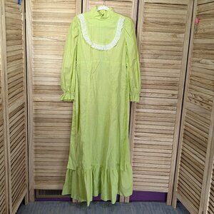 VINTAGE HOMEMADE Green Gingham Maxi Dress with Lace Detail